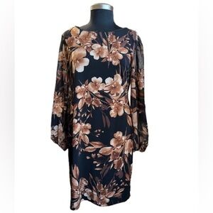 Connected Apparel Black Floral Dress With Boat Neck Balloon Sleeveless Size 8P